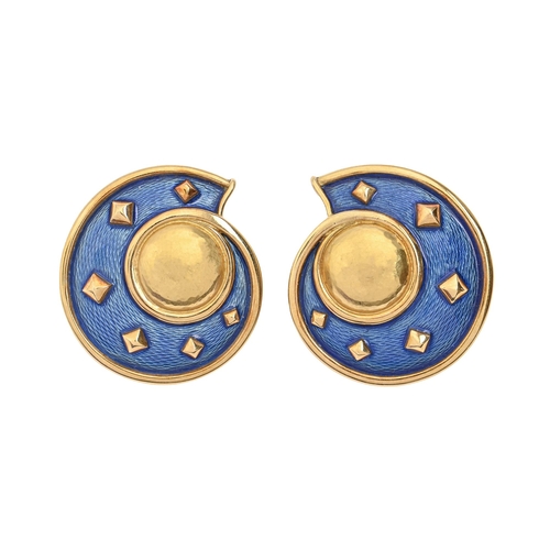 74 - De Vroomen. A pair of shell shaped 18ct gold and blue guilloche enamel ear clips, 31mm, signed, make... 