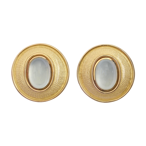 76 - De Vroomen. A pair of star sapphire and 18ct gold and lemon guilloche enamel ear clips, 27mm diam, s... 