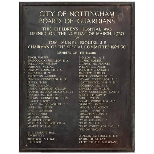 798 - Local Interest. A bronze rectangular plaque, the City of Nottingham Children's Hospital Board of Gua... 