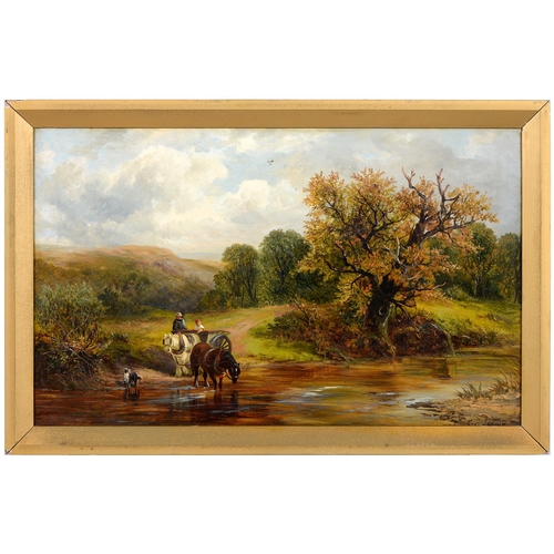 827 - George Turner (1841-1910) - Crossing the Ford, signed, signed again , inscribed with the title and a... 