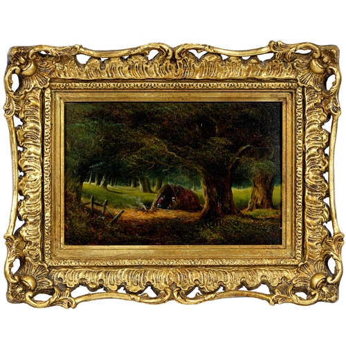 834 - British School, 19th c - Gypsies Encamped in a Wood, bears monogram, oil on canvas, 19 x 29cm... 