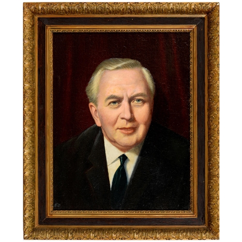 838 - Margaret N Barker, 20th c - Portrait of Harold Wilson, signed with initials, oil on board, 48 x 36cm... 