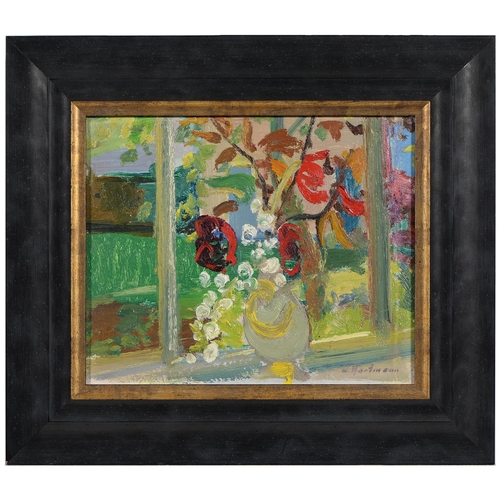 849 - Werner Hartmann (1903-1981) - Flowers in a Window, signed, oil on board, 21.5 x 26cm... 