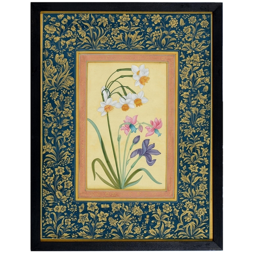 860 - Indian School - Botanical Subjects, one with butterlfies, a pair, ink and wash with gold in blue and... 