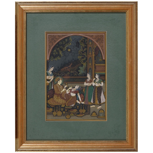 862 - Indian School, 20th c - Boudoir Scenes with a Mughal Price, Consort and Female Attendants, ink ... 