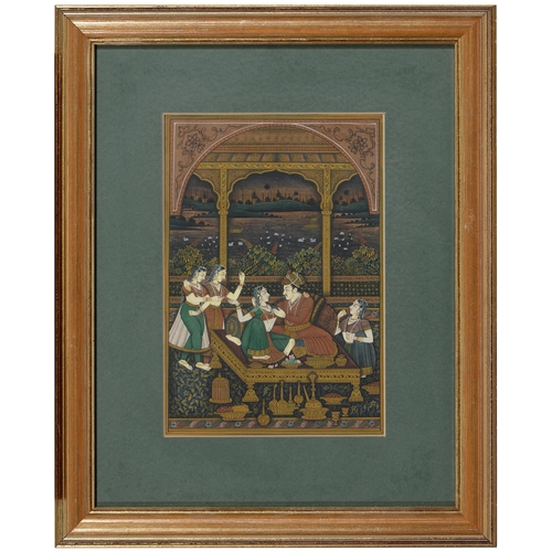 862 - Indian School, 20th c - Boudoir Scenes with a Mughal Price, Consort and Female Attendants, ink ... 