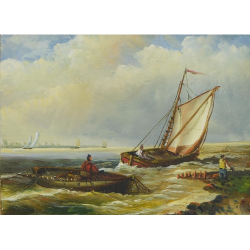 863 - Dutch School, 20th c - Schooners on the Coast, pair, oils, 6.5 x 9cm, a pencil sketch after Rembrand... 