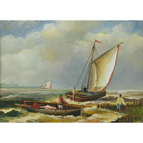 863 - Dutch School, 20th c - Schooners on the Coast, pair, oils, 6.5 x 9cm, a pencil sketch after Rembrand... 