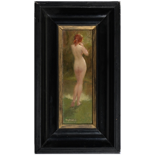 865 - Allan Douglas Davidson RBA, ROI (1873-1932) - The Bather, signed, oil on panel, 17.5 x 5.5cm &n... 