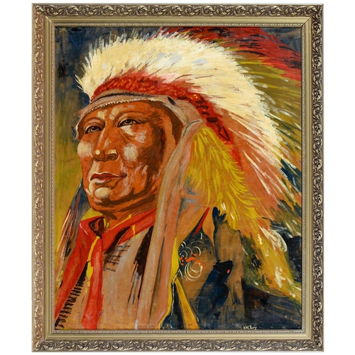 870 - A.H.C. Berry, 20th c - Red Indian, portrait of a Native American chief, signed, titled label to vers... 