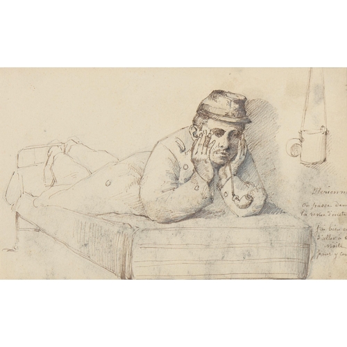 876 - French School, 19th c - Two Studies of Soldiers at Rest, each smoking a pipe, inscribed in ink manus... 