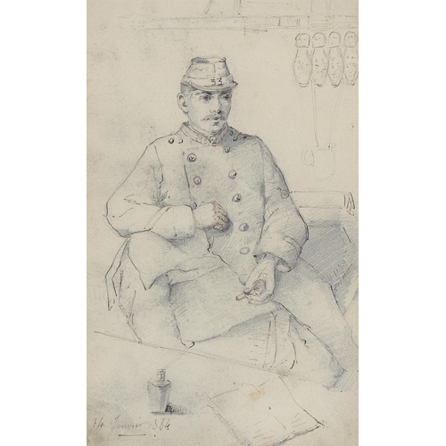 876 - French School, 19th c - Two Studies of Soldiers at Rest, each smoking a pipe, inscribed in ink manus... 