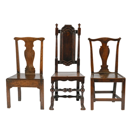 934 - A George I walnut chair, with moulded back, on Braganza feet and two George III chairs, with boarded... 