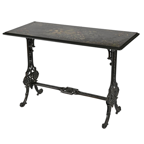 935 - A Victorian cast iron table base, the slate top painted with birds nest and wildflowers, 77cm h; 112... 