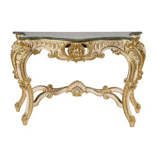 948 - A serpentine giltwood console table, late 20th c, in Rococo style with green marble slab, 86cm h; 47... 