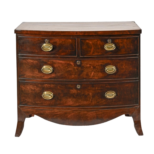 988 - A Victorian bow fronted mahogany chest of drawers, on splayed feet, brass locks and handles, 87cm h;... 