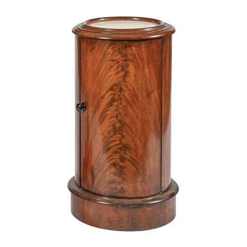 994 - A Victorian mahogany pedestal pot cupboard, of cylindrical form with marble inset top, 72cm h; 36cm ... 