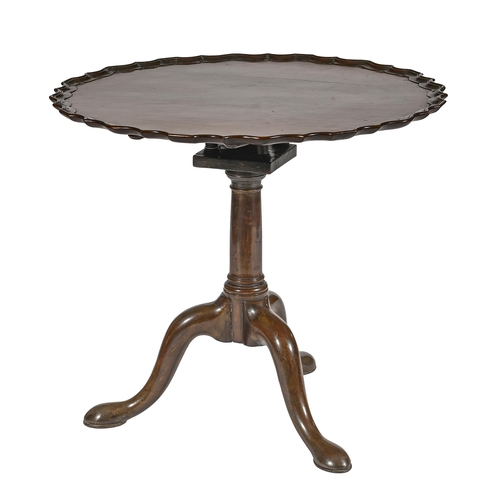 998 - A George III mahogany tripod table, with birdcage action and later plum pudding mahogany top with mo... 