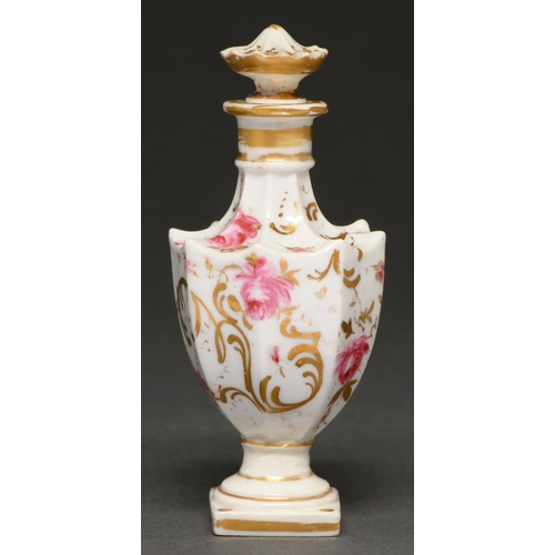 588 - An English porcelain scent bottle and stopper, c1820, of 'inverted umbrella' shape, painted with ros... 