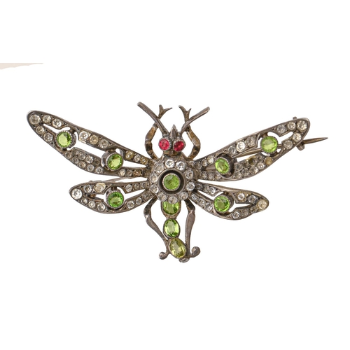 102 - Costume jewellery. A red, green and white paste butterfly brooch, probably pforzheim, c1910, in silv... 