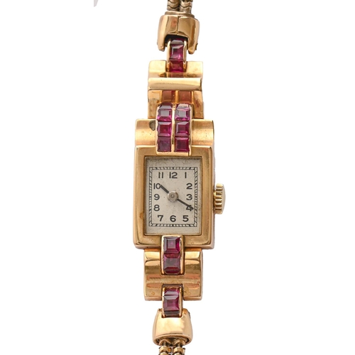 103 - An Odeon style synthetic ruby and 18ct gold cocktail watch, c1950, 14 x 21mm, on 9ct gold twin stran... 