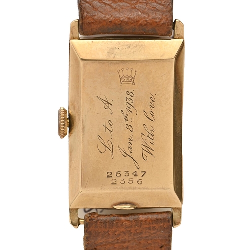 106 - A Rolex 9ct gold rectangular gentleman's  wristwatch, 20 x 31mm, Glasgow 1936