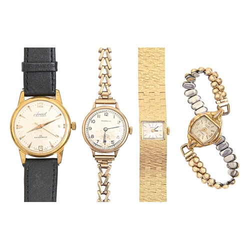 107 - A Marvin 9ct gold lady's wristwatch, 26mm diam, Birmingham 1950, on 9ct gold bracelet, 25.4g and thr... 