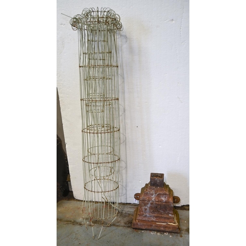 1086 - An early 20th c cast iron drain hopper, 39 x 36cm, a set of three graduated wirework planters... 