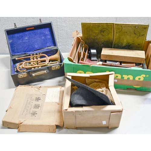 1090 - A cased brass trumpet, vintage cameras, drawing instruments, mortar board, etc