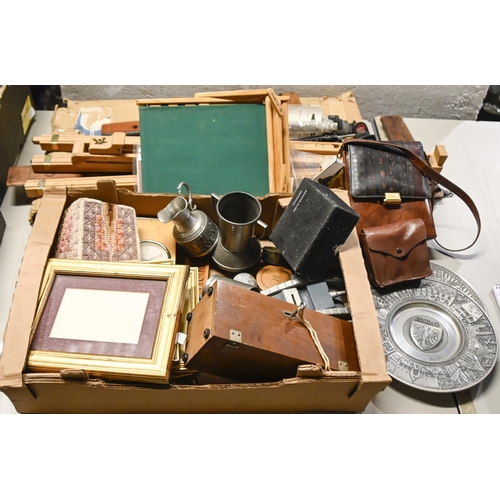 1101 - Miscellaneous items, including a student's microscope in oak case, artist's easel, bagatelle, pewter... 