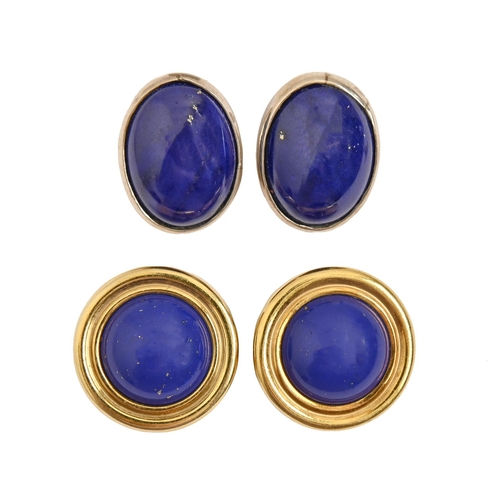 117 - A pair of lapis lazuli round earrings, in gold, 18mm diam, marked 585, 5.5g and another pair of lapi... 