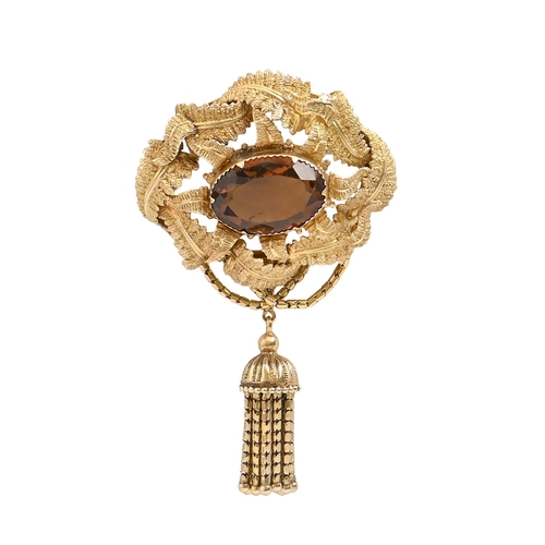 138 - A Victorian citrine tassel brooch,  in gold, enveloped by ferns, 67mm h, 11.8g