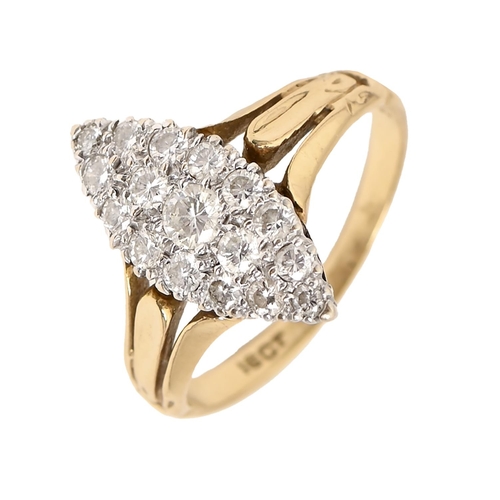 144 - A diamond navette cluster ring,  in gold marked 18ct, 2.7g, size K