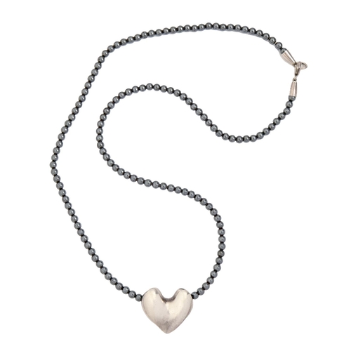 150 - Georg Jensen. A silver and hematite necklace, with heart slide, maker's marks, 22g