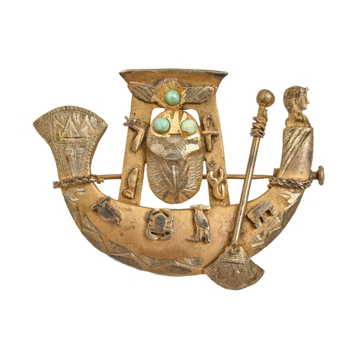 152 - A turquoise and parcel gilt silver brooch in the form of an Ancient Egyptian ship, c1930, 45mm l, 13... 