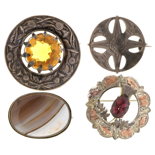 161 - Two Scottish silver and citrine plaid brooches, 43 and 51mm diam, Chester 1951 and Glasgow 1954, a V... 