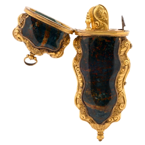 223 - A rococo bloodstone and chased giltmetal etui, mid 18th c, the fitted interior retaining contemporar... 