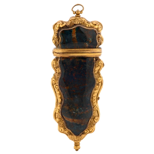 223 - A rococo bloodstone and chased giltmetal etui, mid 18th c, the fitted interior retaining contemporar... 