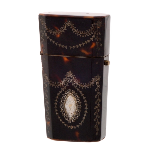 230 - A silver inlaid tortoiseshell etui, late 18th c, decorated to front and back with festoons and retai... 