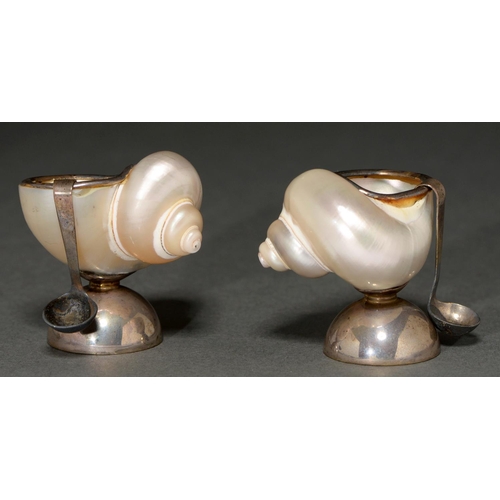 232 - A pair of silver mounted seashell salt cellars, 20th c, 45mm h, marked 925 SILVER