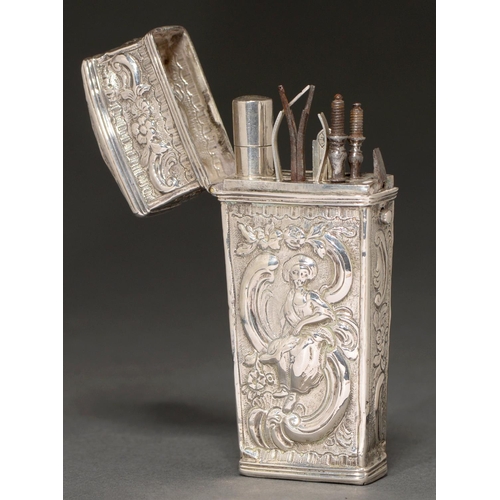 234 - An English rococo silver etui, chased to either side with a seated women, flowers and scrolls, the a... 