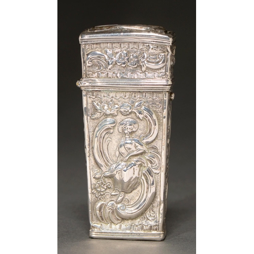 234 - An English rococo silver etui, chased to either side with a seated women, flowers and scrolls, the a... 