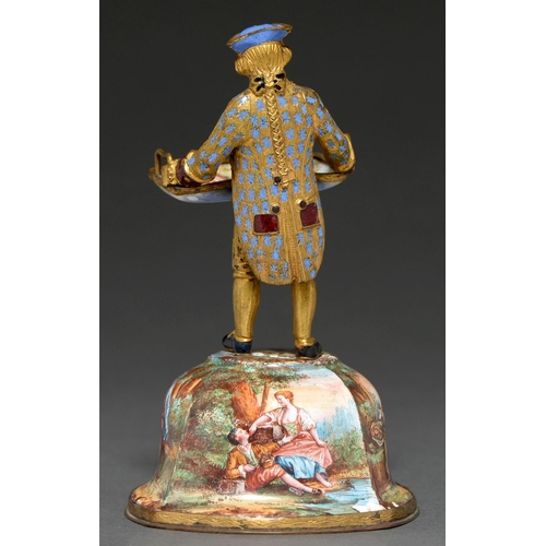 245 - A Viennese giltmetal and painted enamel figure of a man carrying a tray, c1900, the high domed base ... 