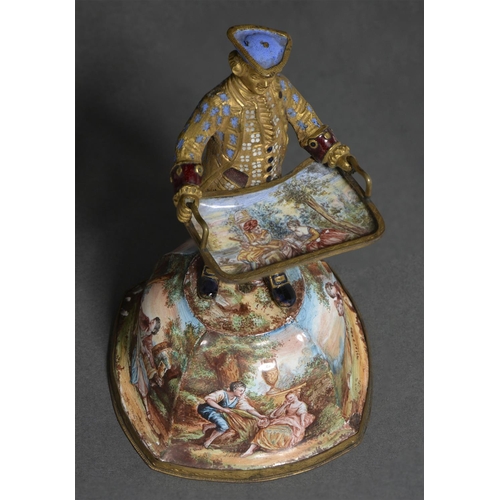 245 - A Viennese giltmetal and painted enamel figure of a man carrying a tray, c1900, the high domed base ... 