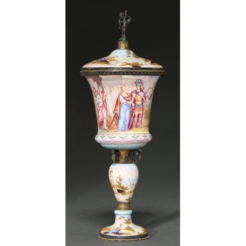 246 - A Viennese silver gilt and painted enamel cup and cover, c1900, painted with mythological scenes, th... 