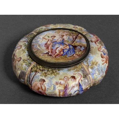 248 - A Viennese silver gilt and painted enamel box and cover, c1900, of lobed cushion shape, painted with... 