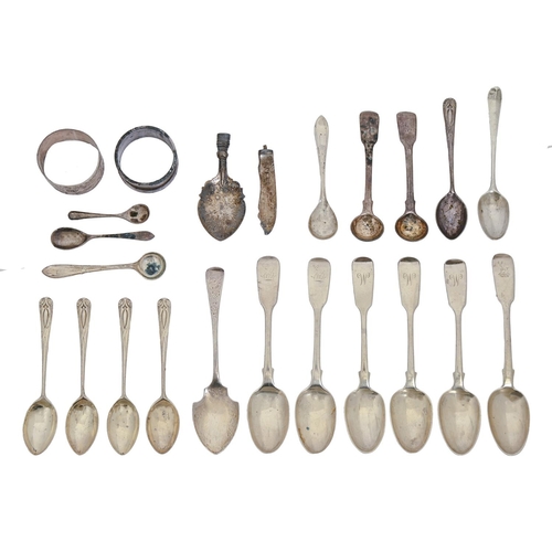 285 - Miscellaneous English silver flatware, George IV and later and two napkin rings, 11ozs 18dwts... 