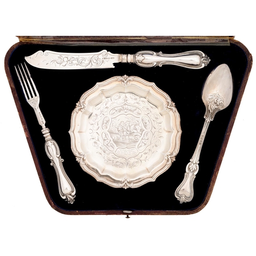 299 - A Victorian child's silver christening set, of knife, fork, spoon and dinner plate, the plate engrav... 