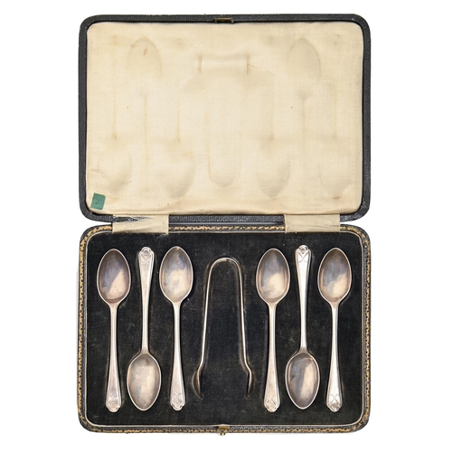 301 - A set of six silver golfing pattern coffee spoons, by Walker & Hall Ltd, Sheffield 1933 and a pa... 