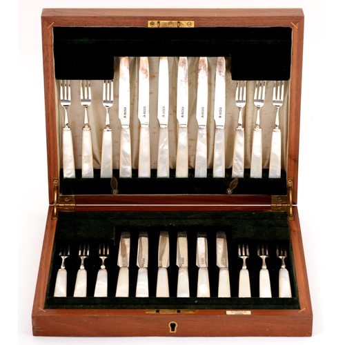 305 - A set of twelve George VI mother of pearl hafted silver dessert knives and forks, by Allens, Sheffie... 